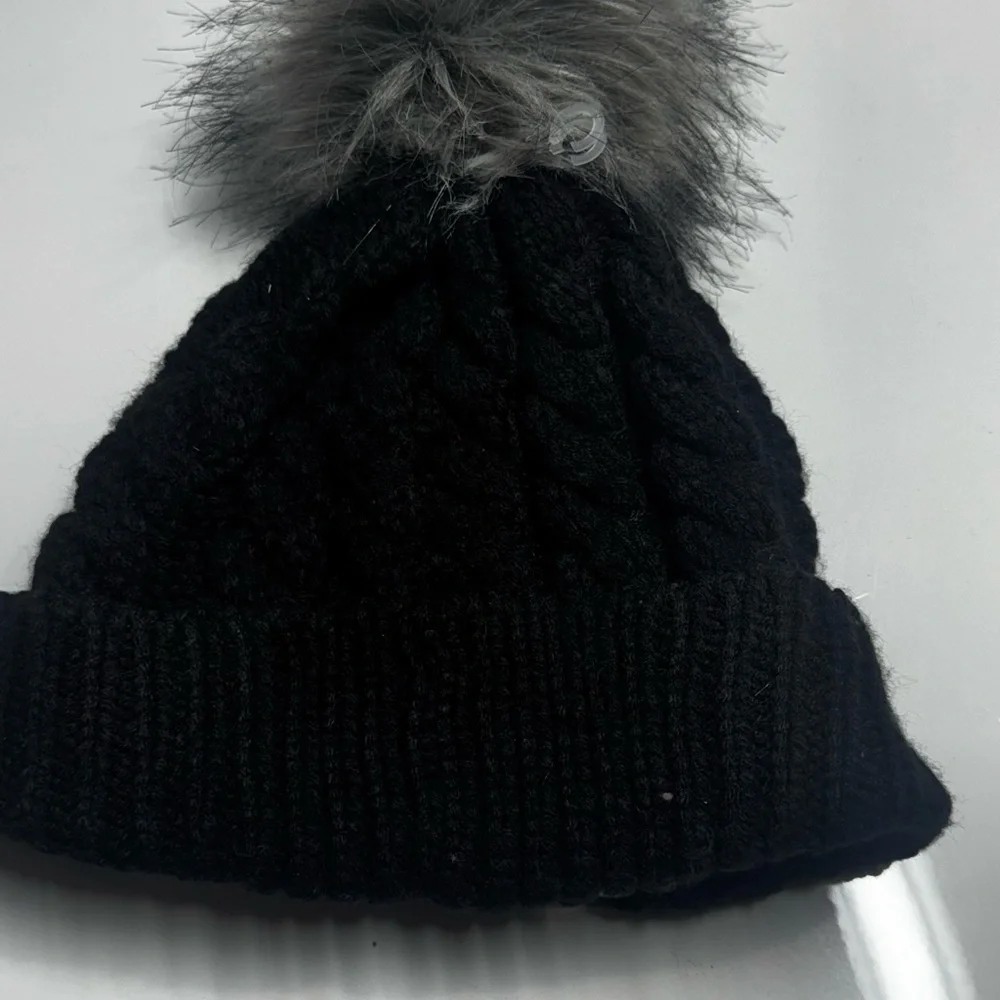 Betsey Johnson Black Beanie with Gray Faux Fur Pom